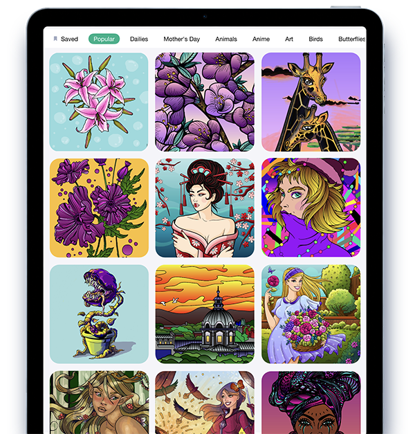 Adult coloring app with thousands of drawings to explore